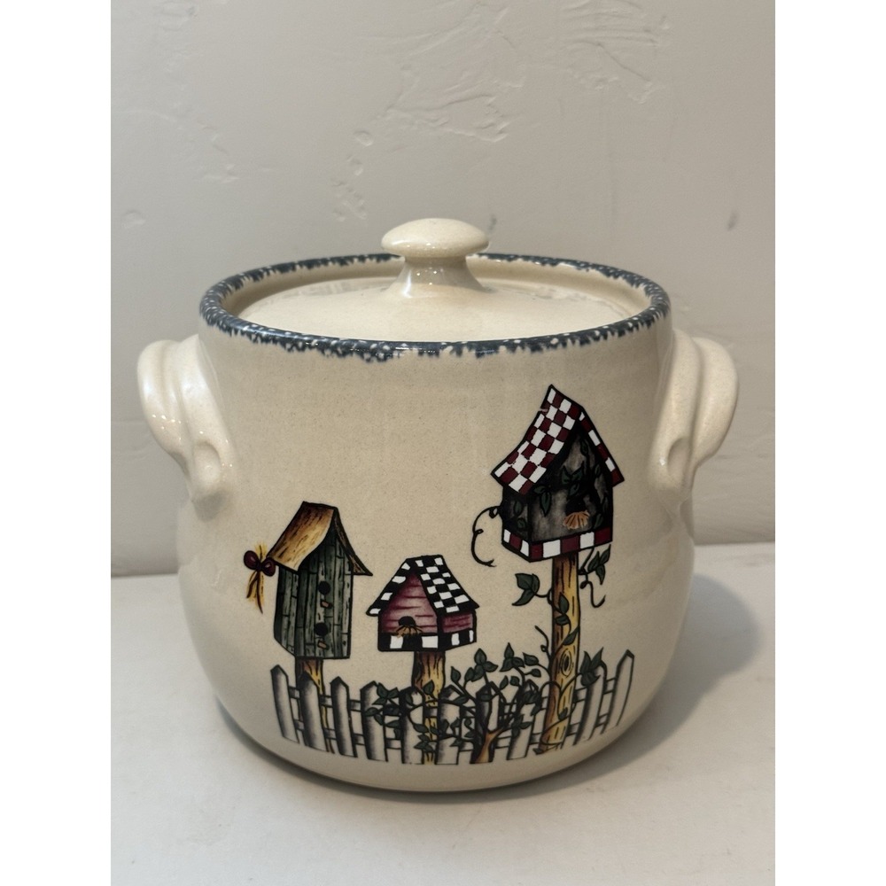 VTG‎ Home & Garden Party Ltd Stoneware Crock Bean Pot  7" x 6"  Birdhouse Motif